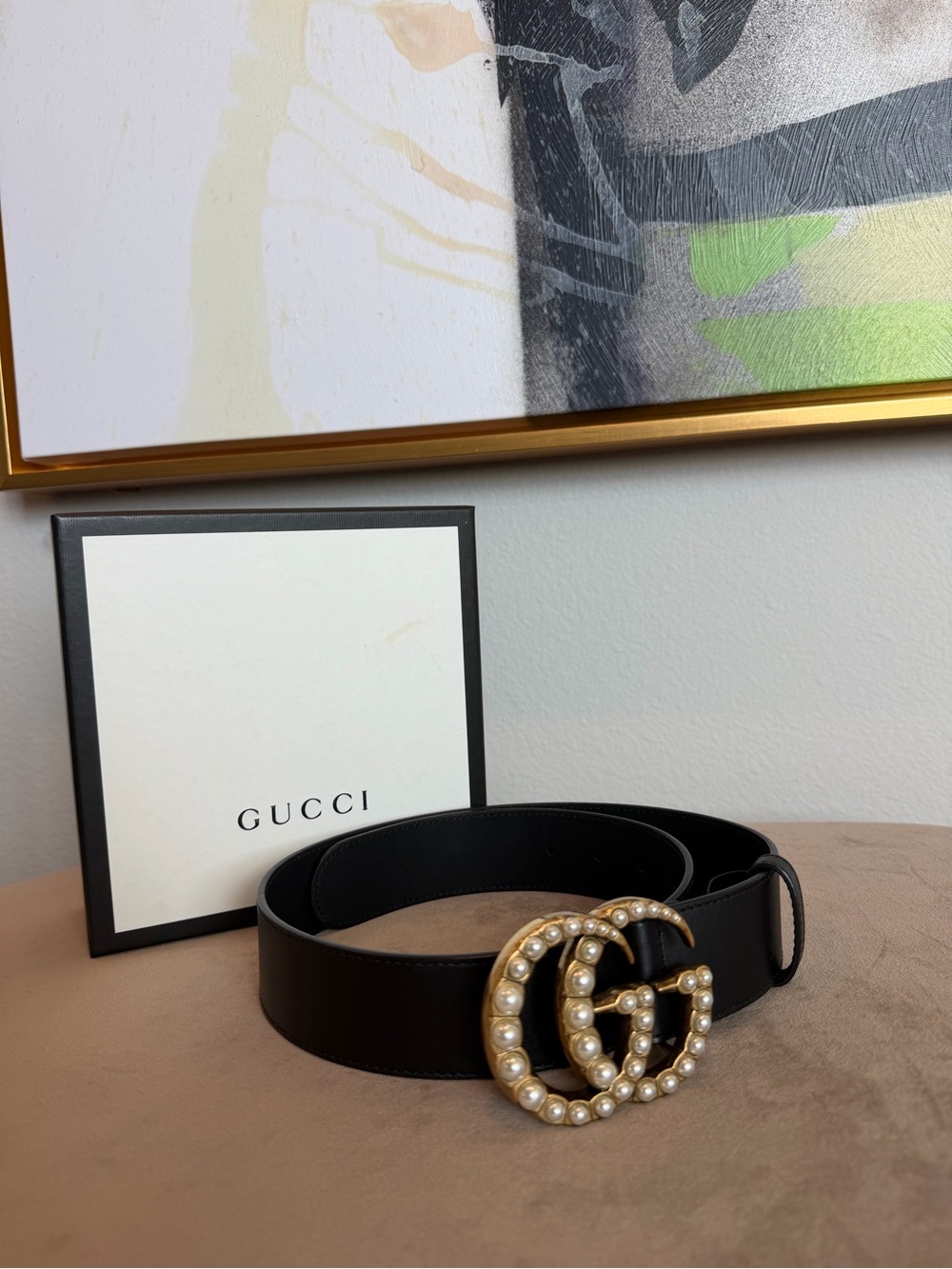 Gucci Black Leather Belt with Pearl-Embellished Double G Buckle